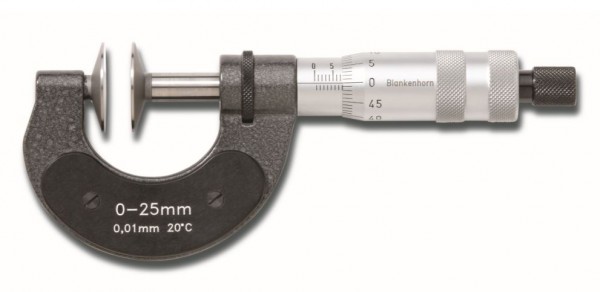 Zahnweiten-Mikrometer, Gewindesteigung 0,5mm, Messbereich 0-25 mm, Messtellerdurchmesser 25mm