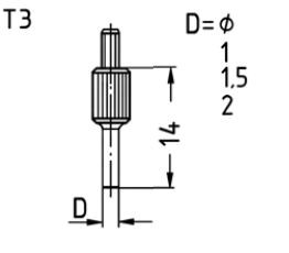 Messeinsatz aus Stahl, Ø2mm, L=14mm, ganz gehärtet und brüniert, für Messuhren und Feinzeiger